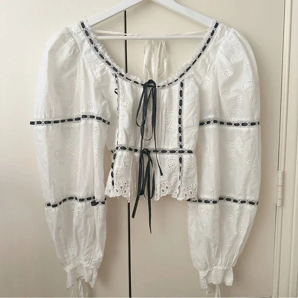 For Love And Lemons Rowan White Eyelet Peasant Blouse with Black Trim - Picture 3 of 5